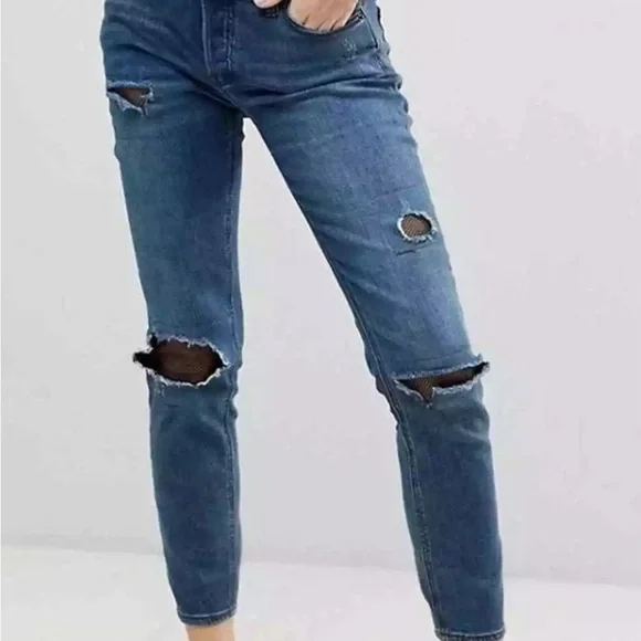 Free People Fishnet Skinny Jean in Tupelo Blue Size 26 With Button Fly - Picture 11 of 12